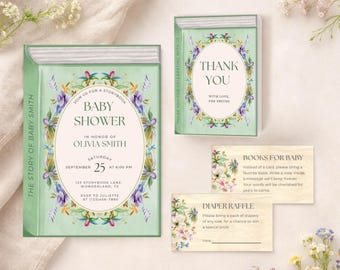 Conjunto de invitaciones para baby shower con temática de cuentos de hadas, baby shower "Érase una vez", decoración con temática floral botánica, plantilla imprimible de Canva.