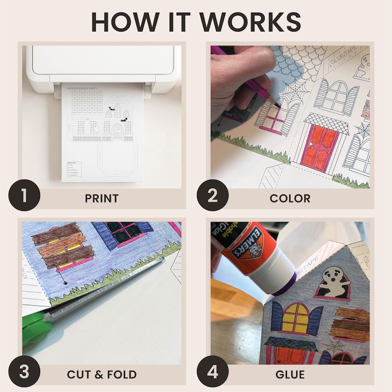 Step-by-step printable Halloween craft showing how to print, color, cut, fold, and glue a 3D paper house activity for kids.