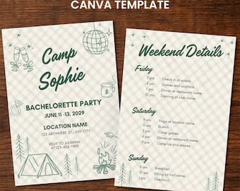 Invitación a despedida de soltera en campamento e itinerario de fin de semana – Íconos ilustrados de campamento / Despedida de soltera en campamento / Fin de semana de despedida de soltera en el lago