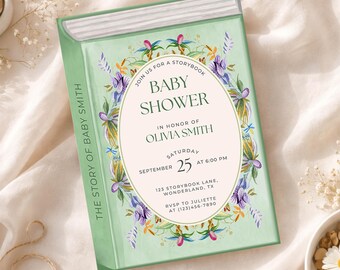 Plantilla editable de Canva para invitación a baby shower con temática de cuento de hadas, Bebé en flor, Comienza un nuevo capítulo, Baby shower con jardín floral, Flor silvestre verde salvia