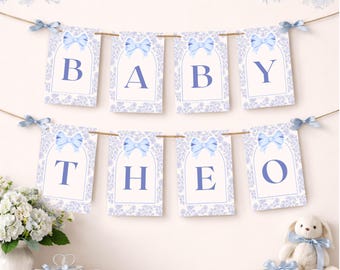 Banner imprimible para baby shower con diseño Toile de Jouy / Decoración para baby shower "Oh Boy" / Coqueta con lazo azul / Toile de Jouy francés azul empolvado