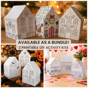 Printable paper house craft bundle featuring Gingerbread Houses, Haunted Houses, and Valentine Village coloring activity kits.
