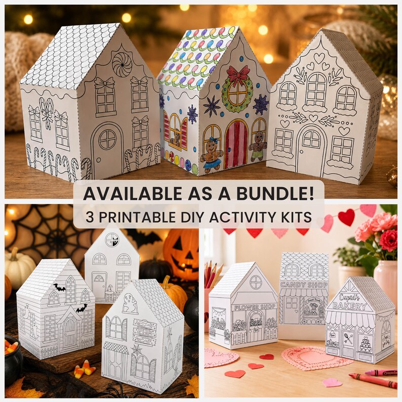 Printable paper house craft bundle featuring Gingerbread Houses, Haunted Houses, and Valentine Village coloring activity kits.