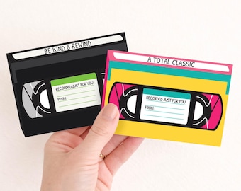 Presentkortshållare för födelsedag | Retro 90-tals VHS-kassett utskrivbart kort, årsdags- eller examenskort