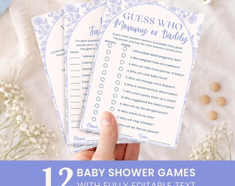 Paquete de juegos para baby shower con diseño de Toile de Jouy / Plantilla editable de Canva + imprimible / Paquete de 12 juegos / Kit de actividades para baby shower "Oh Boy"