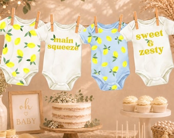 Blue Lemon Baby Shower Banner, Watercolor Citrus Decor, Sage Green & Yellow Bodysuit Bunting (Digital Download)