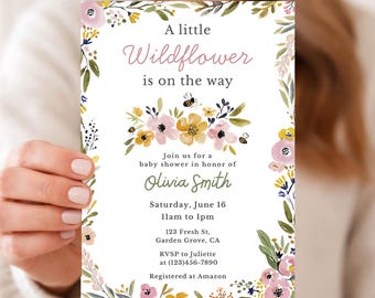 A Little Wildflower Baby Shower Invitation, Editable Canva Template, Baby in Bloom, Floral Baby Shower, Girl Boho Rustic Printable Invite