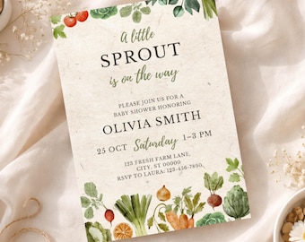 Plantilla de invitación para baby shower "Un pequeño brote está en camino" / Invitación editable para baby shower con temática de mercado de agricultores / Baby shower unisex