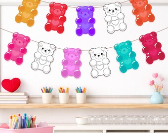 Gummy Bear Valentine Decor Printable | DIY Valentine Craft for Kids, Color & Build Garland, Valentine's Day Coloring Pages