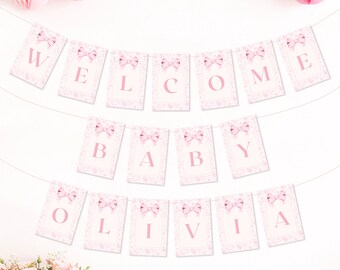 Banner imprimible personalizado para baby shower con lazo rosa / Decoración floral coqueta para baby shower / Decoraciones preppy para baby shower con lazo rosa