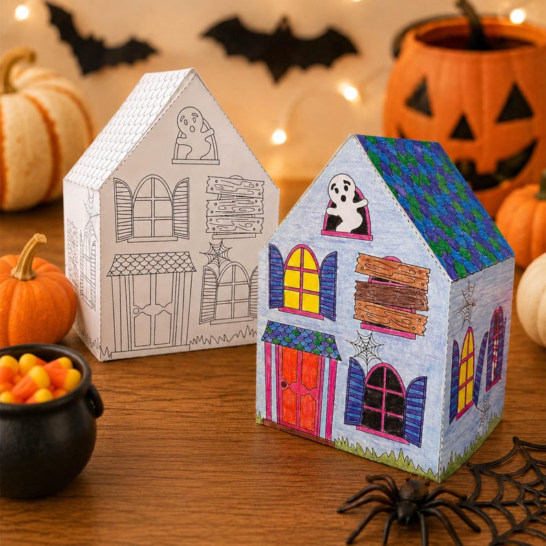 Halloween coloring craft printable featuring a finished 3D paper house beside an uncolored haunted house template for kids Halloween craft and classroom Halloween activities.