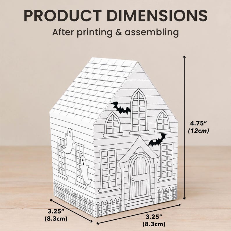 Finished printable house dimensions after assembly showing the size of the completed Halloween 3D paper house craft.