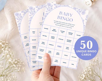 Juego de bingo para bebé Toile de Jouy imprimible / Juego para baby shower "Oh Boy" / Coqueta con lazo azul / Toile de Jouy francés azul empolvado / 50 tarjetas + tarjetas de llamada