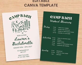 Invitación a despedida de soltera en campamento e itinerario de fin de semana / Despedida de soltera en campamento / Fin de semana de despedida de soltera en el lago
