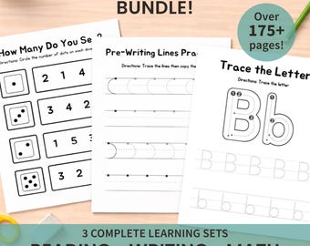 Hojas de trabajo para el aprendizaje preescolar de lectura, escritura y matemáticas / Paquete de preparación para el jardín de infantes / Carpeta de aprendizaje imprimible