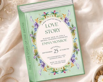 Plantilla de Canva para invitación a despedida de soltera con forma de libro, Invitación a una historia de amor "Comienza un nuevo capítulo", Despedida de soltera con flores silvestres, Libro de cuentos de jardín