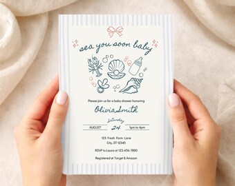 Sea You Soon Baby Shower Invitation Editable Canva Template, Coastal Seashell Baby Shower Invite