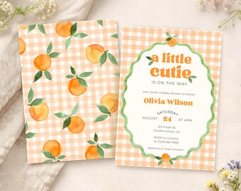 Little Cutie Gingham Baby Shower Invitation Template, Orange Citrus Gender Neutral Baby Shower Invite (Editable Canva Template)