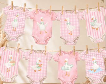 Różowy, zabawny baner na jednoczęściowy kombinezon z gęsią do druku, dekoracja na baby shower | Girlanda z gęsi | Pastelowo-różowy baner dla dziewczynki | Akwarelowa girlanda w kratkę gingham