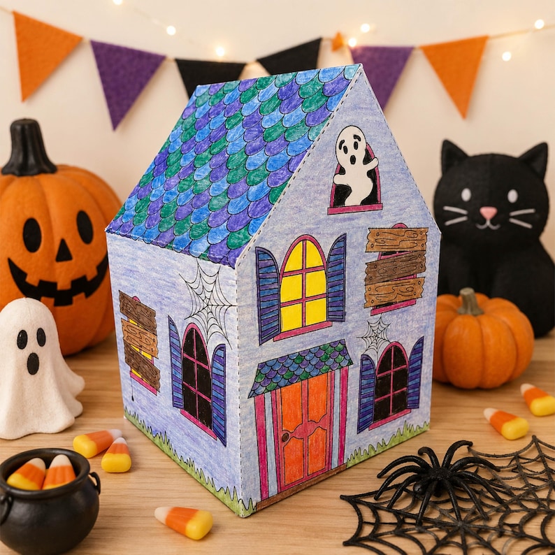 Completed haunted house paperhouse printable colored by a child, perfect for Halloween crafts, homeschool craft projects, and screen free kids activities.