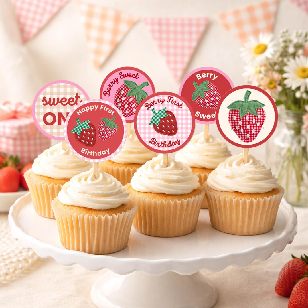 Berry First Birthday Cupcake Toppers Printable | Strawberry Birthday ...