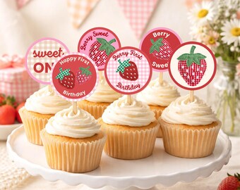 Adornos imprimibles para cupcakes del primer cumpleaños de Berry / Decoraciones para fiesta de cumpleaños de fresas / Adornos dulces para cupcakes de Berry / Fiesta del primer cumpleaños