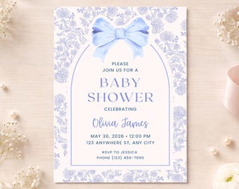 Plantilla de invitación para baby shower Toile de Jouy editable en Canva / Invitación para baby shower Oh Boy / Coqueta con lazo azul / Azul empolvado vintage francés