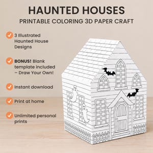 Haunted Houses printable coloring 3D paper craft featuring 3 handmade haunted house illustration plus 1 bonus blank template for kids to make their own haunted house design! Instant digital download and unlimited prints for personal use.