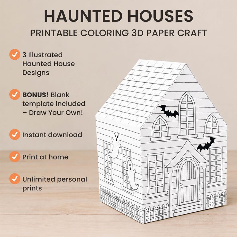 Haunted Houses printable coloring 3D paper craft featuring 3 handmade haunted house illustration plus 1 bonus blank template for kids to make their own haunted house design! Instant digital download and unlimited prints for personal use.