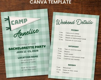 Invitación con banderín para despedida de soltera en campamento e itinerario de fin de semana / Despedida de soltera en cabaña y lago / Invitación editable de Canva para novia