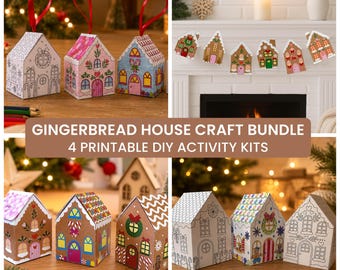 Kerstknutselpakket met peperkoekhuisjes | 4-in-1 kerstknutselpakket (printbaar) | Peperkoekdorp | Kleurdozen en kerstversieringen
