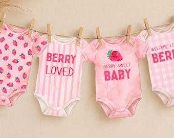 Berry Sweet Baby Shower Onesie Banner Printable, Strawberry Baby Shower Decor, Pink Gingham Garland, Berry Sweet Girl Baby Shower Bunting
