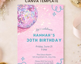 Invitación de cumpleaños con bola de discoteca retro, plantilla rosa de Canva (descarga digital)