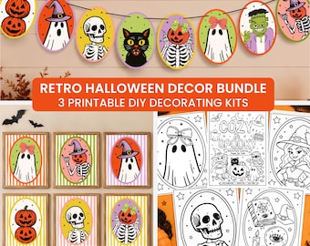Vintage Halloween Printable Decor Bundle | Retro Halloween Character Garland, Ghost Wall Art & DIY Craft Activity Pack