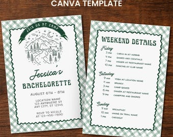 Plantilla de invitación para despedida de soltera en campamento e itinerario de fin de semana / Despedida de soltera en cabaña y lago / Invitación editable en Canva para novias en campamento