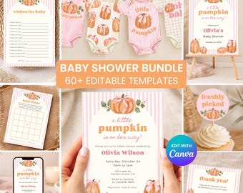Pink Little Pumpkin Baby Shower Bundle | Editable Canva Templates + Printable Decorations | Invitation, Games, Signs & Onesie Banner