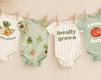 Locally Grown Baby Shower Onesie Banner, Farmers Market Baby Shower Decor, Little Sprout Baby Bunting, Green Boho Rustic Baby