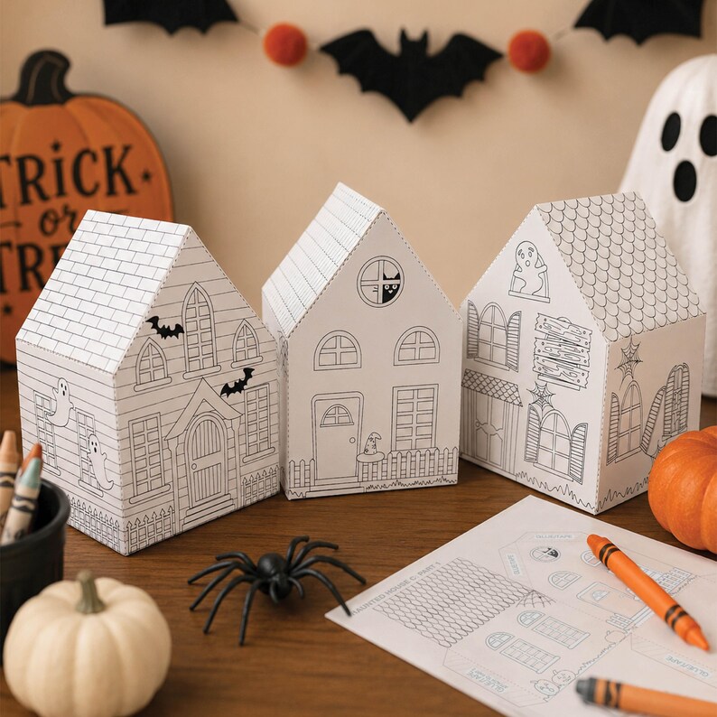 Halloween paper house village made with printable coloring houses displayed as handmade Halloween decor and kids paper toy DIY.