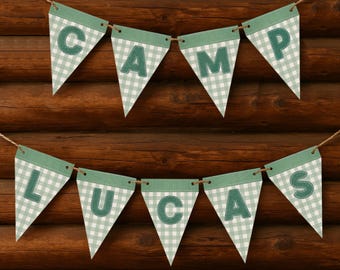 Guirnalda de cumpleaños con temática de campamento / Decoración para fiesta de campistas felices / Guirnalda "One Happy Camper" / Guirnalda de cumpleaños con nombre y temática de bosque / Letrero para fiesta con temática de campamento