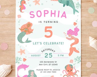 Plantilla de invitación de cumpleaños de sirena / Fiesta de narval bajo el mar (Canva)