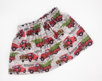 Christmas Red Truck Skirt, Merry Christmas Y'all, Holly Jolly, Twirl Skirt, Red Truck with Tree, Gift for Toddler, Grey Hound Print