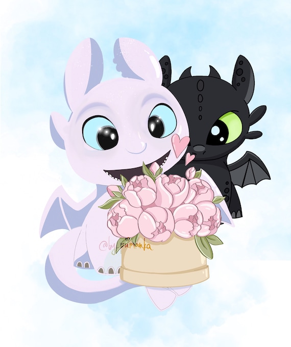 Toothless And Light Fury How To Train Your Dragon 3 Digital Png Cartoon Dragons Baby Gift Birthday Gift Disney Art With Flowers