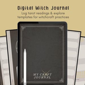 K&ouml;nnte beinhalten: Eine digitale Hexe-Journal-App auf einem Tablet mit schwarzem Cover und goldenen Akzenten. Die App hat einen Titel, der "My Craft Journal" lautet. Die App enth&auml;lt Vorlagen f&uuml;r Tarot-Lesungen und andere Hexenpraktiken.