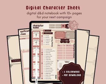 May include: A digital character sheet for Dungeons and Dragons roleplaying games. The sheet is designed with a pink and brown color scheme and features a digital tablet with a character sheet template. The text on the sheet reads "Digital Character Sheet" and "digital d&d notebook with 10+ pages for your next campaign".