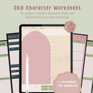 May include: A digital printable D&D character worksheet with 10+ pages to build a character sheet and backstory for your next campaign. The worksheet features a pink and green color scheme with floral designs. The text "D&D Character Worksheet" is at the top of the image. The text "10+ pages to build a character sheet and backstory for your next campaign" is below the title. The text "3 Colorways" and "PDF Download" is at the bottom of the image.