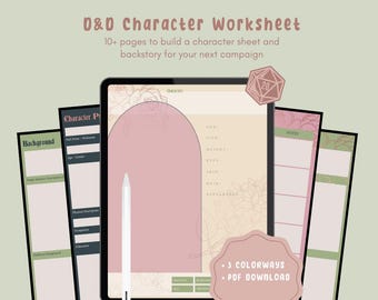 May include: A digital printable D&D character worksheet with 10+ pages to build a character sheet and backstory for your next campaign. The worksheet features a pink and green color scheme with floral designs. The text "D&D Character Worksheet" is at the top of the image. The text "10+ pages to build a character sheet and backstory for your next campaign" is below the title. The text "3 Colorways" and "PDF Download" is at the bottom of the image.