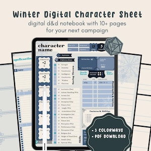 Puede incluir: Una hoja de personaje digital para un cuaderno de d&d con más de 10 páginas, con un diseño azul y blanco. El texto dice "Winter Digital Character Sheet" y "3 Colorways - PDF Download". Incluye secciones para el nombre del personaje, fuerza, destreza y tiradas de salvación.