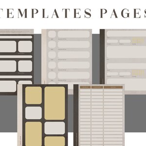 K&ouml;nnte beinhalten: F&uuml;nf druckbare Planerseiten mit verschiedenen Layouts. Die Seiten sind beige mit schwarzen und braunen Akzenten. Die Seiten enthalten Abschnitte f&uuml;r Notizen, Listen und Zeitpl&auml;ne.