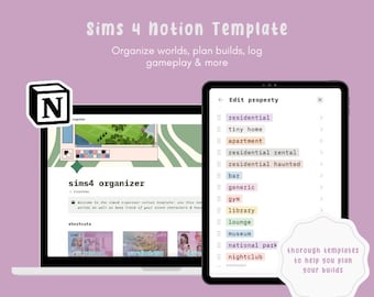 Puede incluir: Un ordenador portátil que muestra una página de Notion con el título "Sims 4 Organizer". La página incluye una lista de tipos de propiedades, como "residencial", "casa pequeña", "apartamento" y "bar". La página también incluye una sección para accesos directos y una sección para la organización del mundo.