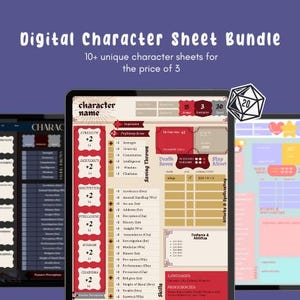 Pode incluir: Um pacote de fichas de personagem digitais para jogos de RPG de mesa. O pacote inclui mais de 10 fichas de personagem únicas pelo preço de 3. A imagem mostra três fichas de personagem diferentes com layouts e designs diferentes. As fichas de personagem são projetadas para serem usadas com dispositivos digitais.
